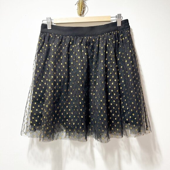 Modcloth Tulle Gold Polkadot Black Mini Skirt Size Medium Lined Puffy - Picture 1 of 9